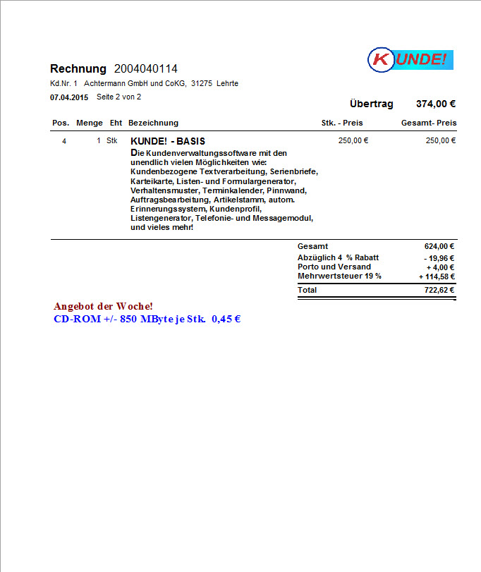 Das Auftragsformular Seite 2 - hier Rechnung